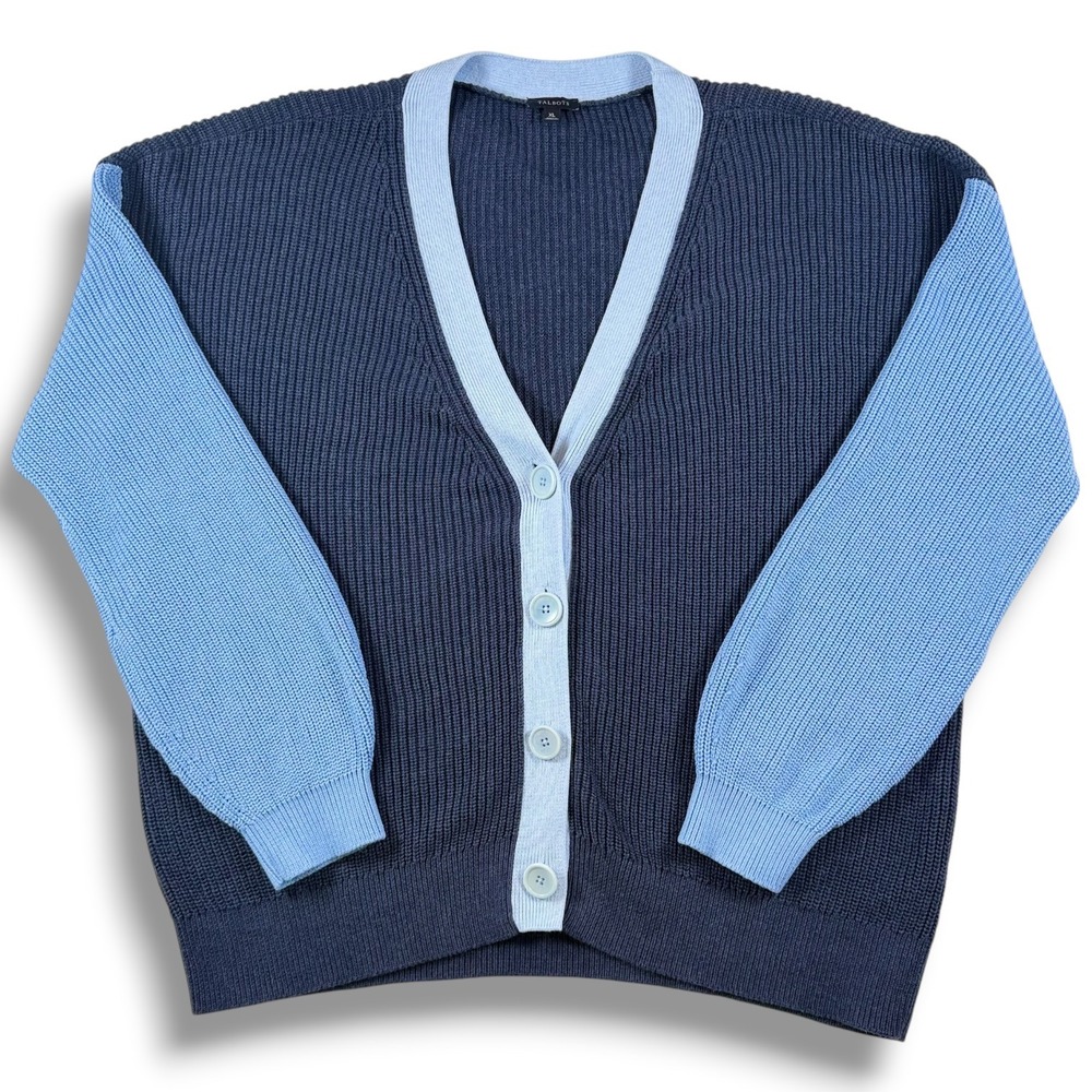 Talbots Blue Colorblock Pima Cotton Shaker Stitch V-Neck Cardigan Sweater XL